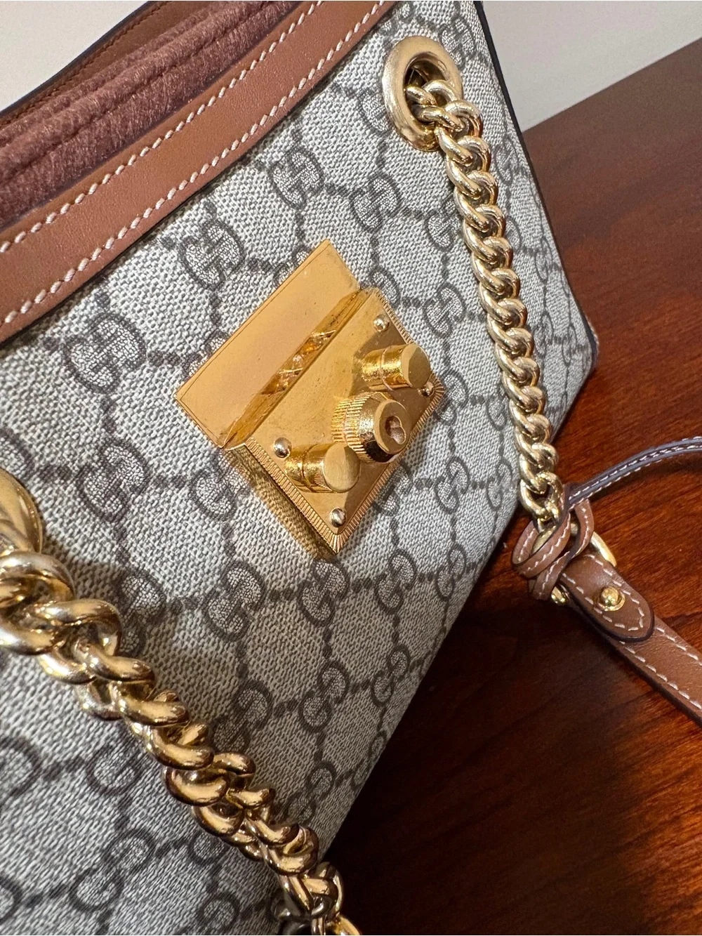 Gucci Brown GG Supreme Leather-Trim Shoulder Bag with Gold Hardware